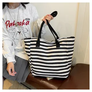 Black and white striped canvas tote bag, large capacity shoulder handbag for women commute.