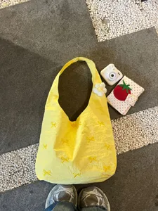 Yellow canvas shoulder bag with cute bow embroidery and flower accessory casual daily use