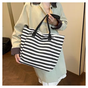 Casual canvas tote bag for women, large capacity striped shoulder handbag, daily commuter bag.
