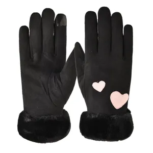 Women winter touch screen suede gloves with cute pink hearts and warm faux fur cuffs for daily use.