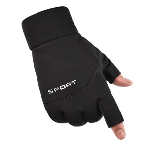 Winter thermal fleece-lined half-finger sports gloves detail view showing waterproof fabric.