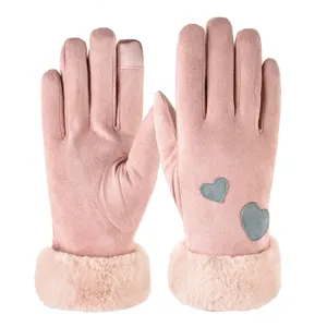 Women winter touchscreen gloves plush suede warm pink heart detail daily wear outdoor