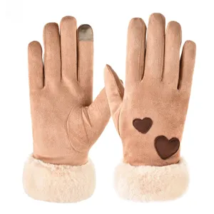 Women winter touch screen gloves suede thermal warm gloves with plush cuffs and heart design