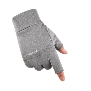 Gray thermal two-finger exposed fleece-lined sports gloves, windproof outdoor cycling gloves.