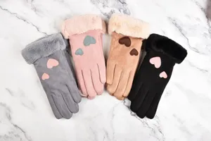 Women winter touch screen warm gloves plush cuff suede cute heart fashion outdoor daily wear