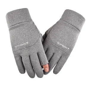 Grey fleece lined fingerless sports gloves detail view, windproof winter thermal warm hands.