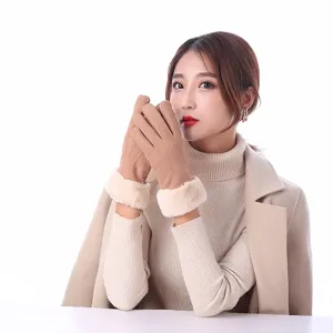 Women winter touch screen warm suede gloves with plush cuffs, soft fleece lining for outdoor.