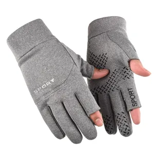 Winter half-finger fleece warm sports gloves, comfortable grey touch screen design for outdoor.