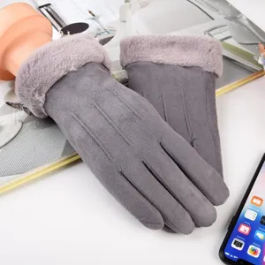 Women winter touchscreen warm suede gloves with plush cuffs for outdoor cycling and daily wear.
