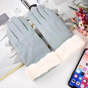 Women winter warm touch screen suede gloves with plush cuff for outdoor cycling driving