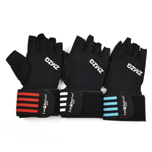 Close up of half-finger sports fitness gloves with extended wrist wrap and breathable fabric.