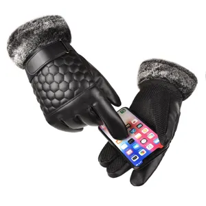Men winter warm leather touch screen gloves plush cuff fleece lined thermal cycling gloves