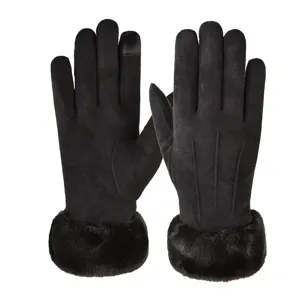 Detail view of women winter touchscreen gloves with warm plush cuffs and black suede finish.