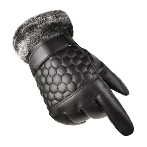 Detailed view of winter warm leather gloves with cozy faux fur cuff and honeycomb pattern.