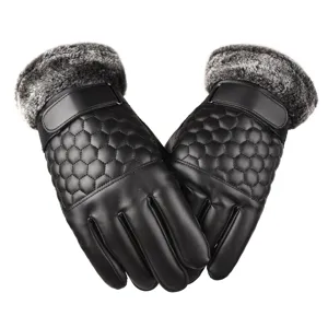 Men winter fleece lined leather gloves detail view, waterproof warm cycling thermal touch screen.