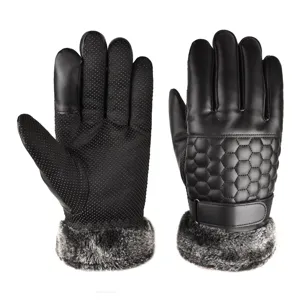 Men winter warm leather gloves touchscreen anti-slip fleece lined black cycling gloves