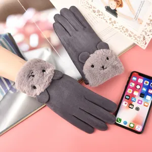 Womens winter warm touch screen gloves, cute plush bear ear design, soft suede fabric.