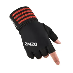 Detailed view of black and red half finger sports fitness gloves with extended wrist support.