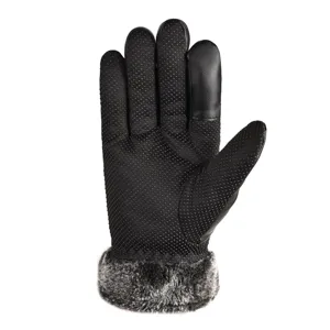 Detail view of winter warm touchscreen gloves with plush faux fur cuff and anti-slip grip.