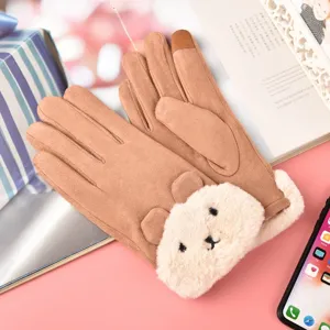 Women winter touch screen gloves fleece lined warm suede outdoor riding driving cute bear