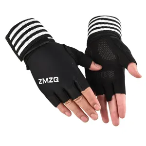Black half-finger sports fitness gloves with extended striped wrist support for cycling.
