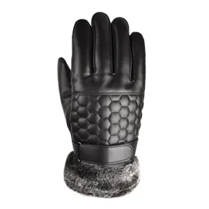 Close-up view of men's thermal winter leather gloves featuring honeycomb pattern and fur cuff.