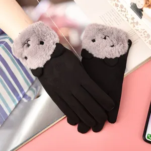 Women autumn winter touchscreen warm plush cuff suede gloves outdoor windproof thermal mittens