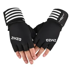Black half-finger fitness gloves with extended wrist wraps, breathable sports cycling gloves.
