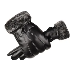 Men winter warm leather gloves detail shot with plush furry cuff and stylish white stitching.