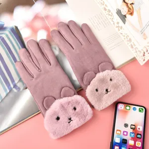 Women winter touch screen warm suede gloves with cute plush bear cuff for outdoor cycling driving