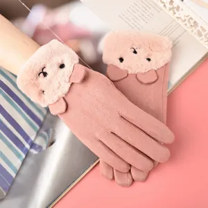 Cute plush bear winter gloves for women, warm suede touch screen outdoor cycling wear.
