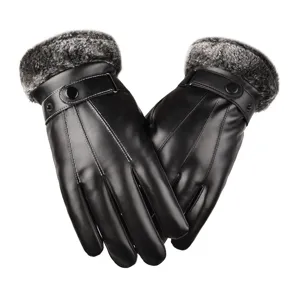 Men winter warm touch screen leather gloves with furry cuff detail and fleece lining design.