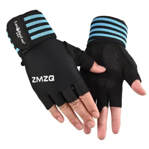 Men half finger sports cycling fitness gloves with extended wrist support breathable black.