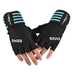 Close-up detail of half-finger fitness gloves with breathable fabric and wrist support.