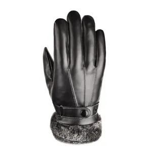 Detail view of winter black leather touchscreen gloves with warm faux fur cuff and stitching.