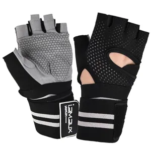 Details of half-finger fitness gloves with honeycomb anti-slip palm and wrist support strap.