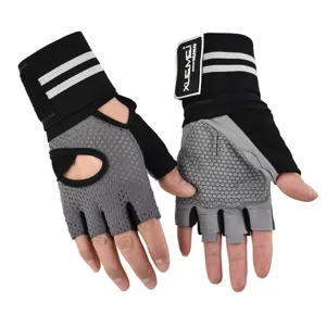 Half-finger fitness gloves detail view, breathable mesh and anti-slip palm padding.