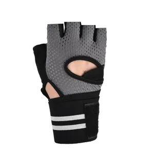 Breathable mesh half-finger fitness glove detail, featuring extended wrist wrap and grip protection.