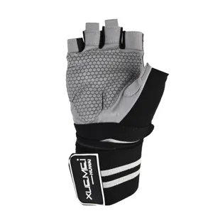 Half-finger fitness gloves with honeycomb anti-slip palm padding and wrist support strap for gym.