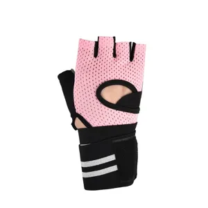 Pink mesh half finger fitness gloves detail, breathable sports training wrist support gear.