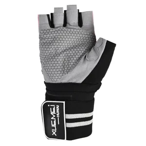 Detailed close-up view of half-finger fitness gloves with wrist support, anti-slip palm.