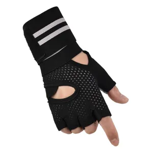 Black half-finger fitness gloves with wrist wrap for gym weightlifting training sports
