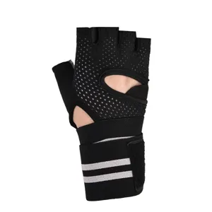 Detail view of black breathable half-finger fitness gloves with wrist support strap for gym training.