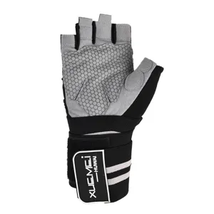 Half finger fitness gym gloves with wrist wrap support, non-slip honeycomb palm for weightlifting training.