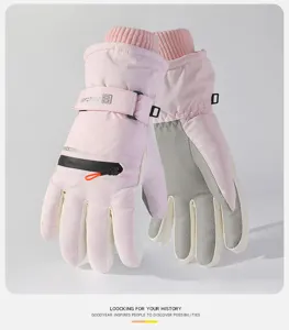Pink winter ski gloves with waterproof fabric, warm fleece lining, anti-slip palm, and zipper pocket.