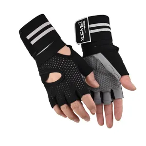 Detailed shot of half-finger fitness gloves with breathable mesh and adjustable wrist wrap.