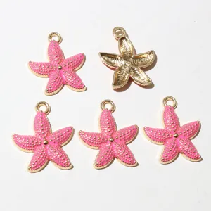 Pink enamel starfish alloy pendant detail shot, exquisite DIY jewelry making component.