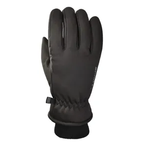Black thermal waterproof ski gloves with knit cuff and adjustable buckle for outdoor sports.