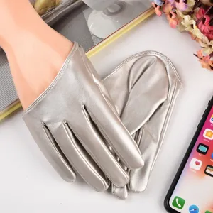 Metallic silver full finger PU leather gloves for women, perfect for stage and party wear.