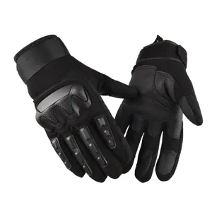 Detailed view of black tactical full-finger gloves featuring hard knuckle protection for outdoor riding.